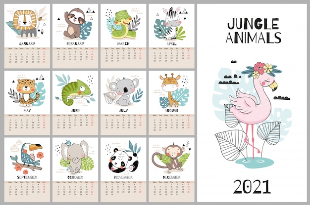 Leuke handgetekende kalender voor 2021 met jungle dieren karakters.