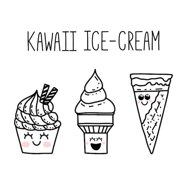 Vector leuke handgetekende kawaii stripfiguren ijs met lachende gezichten leuke vrolijke doodles voor kinderen
