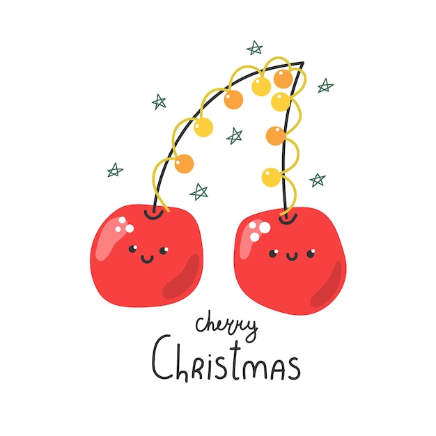 Leuke handgetekende kersen met guirlande en tekst cherry Christmas