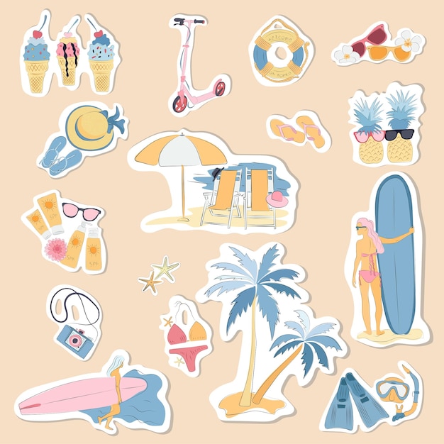 Leuke handgetekende zomerse vibes sticker set Tropische iconen collectie met zomer objecten