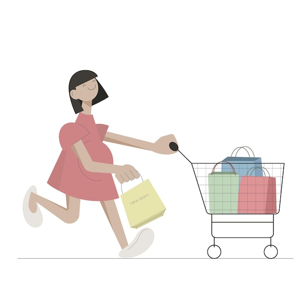 Leuke happy cartoon zwanger meisje wandelen met boodschappentassen en winkelkar