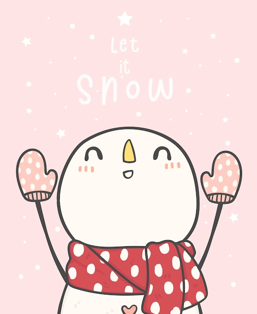 Vector leuke happy christmas-sneeuwman met sneeuwval laat het sneeuwen doodle cartoon tekening vector