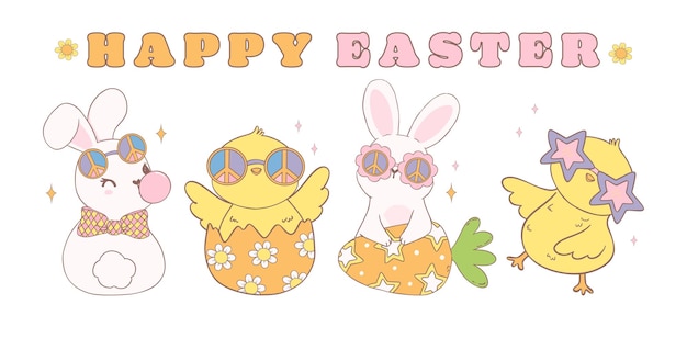 Leuke Happy Easter banner met Groovy Chicks en Retro konijn Speelse cartoon doodle dier personage