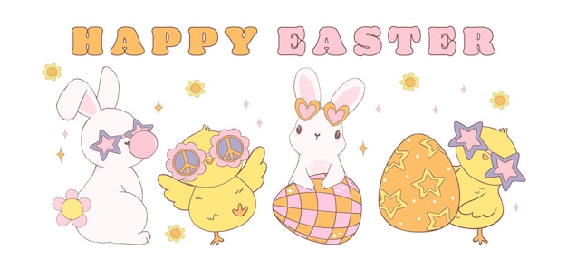 Leuke Happy Easter banner met Groovy Easter Chicks en Retro konijn Speelse cartoon doodle dier