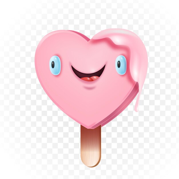 Leuke hartvormige kawaii ijslolly liefde illustratie op houten stok geïsoleerd op wit. grappig romantisch roze roomijs smileygezicht 3d concept. valentijnsdag ansichtkaart met kawaii ijslolly karakter