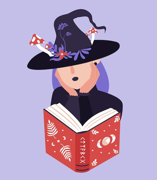 Leuke heks die in hoed oud boek leest. Halloween vector geïsoleerde illustratie in vlakke stijl voor feest.