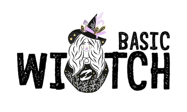 Leuke heks en kat met hoed Vector illustratie Basic Witch slogan