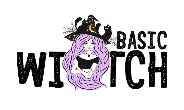 Leuke heks en kat met hoed Vector illustratie Basic Witch slogan