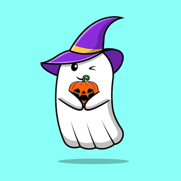 Leuke Heks Ghost Holding Pompoen Halloween Cartoon Vector Pictogram Illustratie