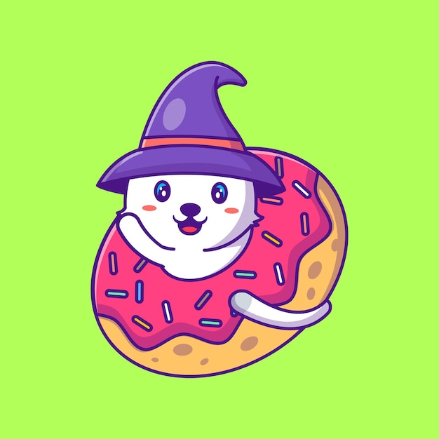 Leuke heks kat in donuts happy halloween cartoon illustraties