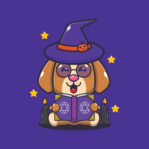 Leuke heksenhond leesspreukenboek. Leuke halloween-beeldverhaalillustratie.