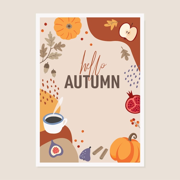 Leuke herfst wenskaart uitnodiging pompoenen kaneel kleurrijke herfstbladeren appel vijgen en koffie op abstracte gestructureerde achtergrond freehand tekenen voor posters webbanners plat ontwerp