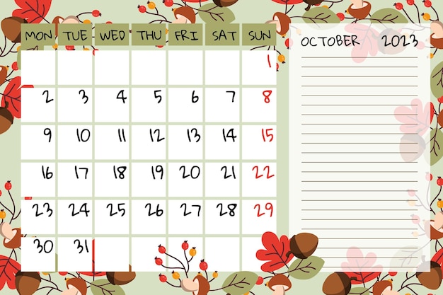 Leuke herfstmaand oktober kalender met ruimte voor notities in vector