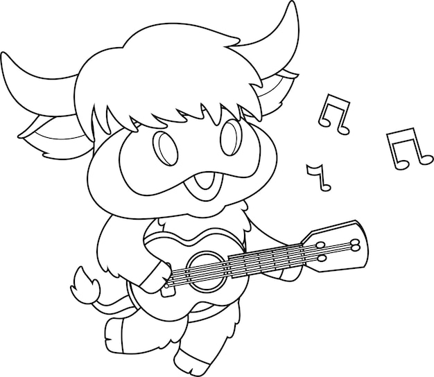 Leuke Highland Cow Animal cartoon personage die gitaar speelt en zingt