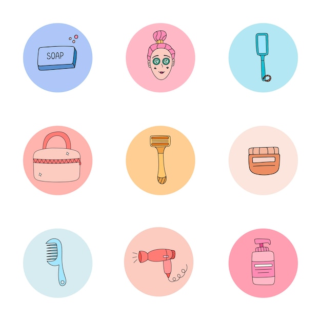 Leuke highlights voor instagram met illustraties over schoonheidsverzorging en cosmetica