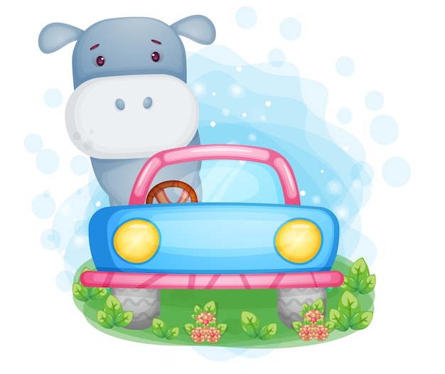 Leuke hippo rijdende auto illustratie