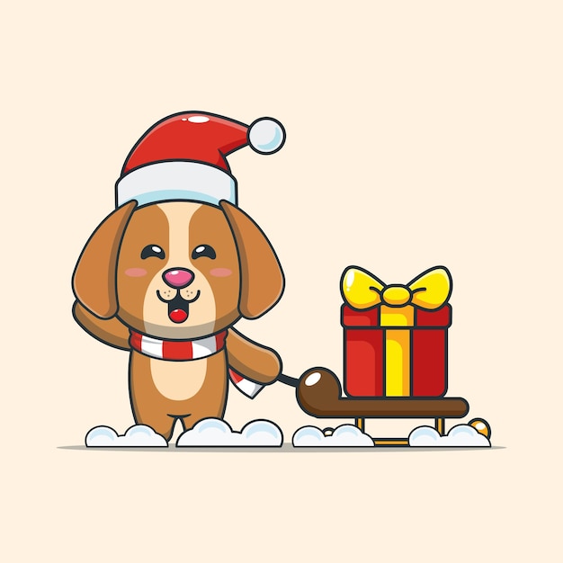 Leuke hond die de doos van de Kerstmisgift draagt Leuke cartoonillustratie van Kerstmis