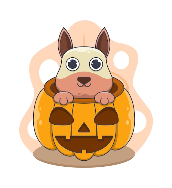 Leuke hond die uit Halloween-pompoen komt