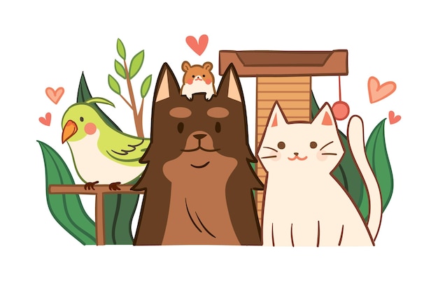 Leuke hond kat vogel hamster illustratie Dierlijke liefde of bescherming concept illustratie