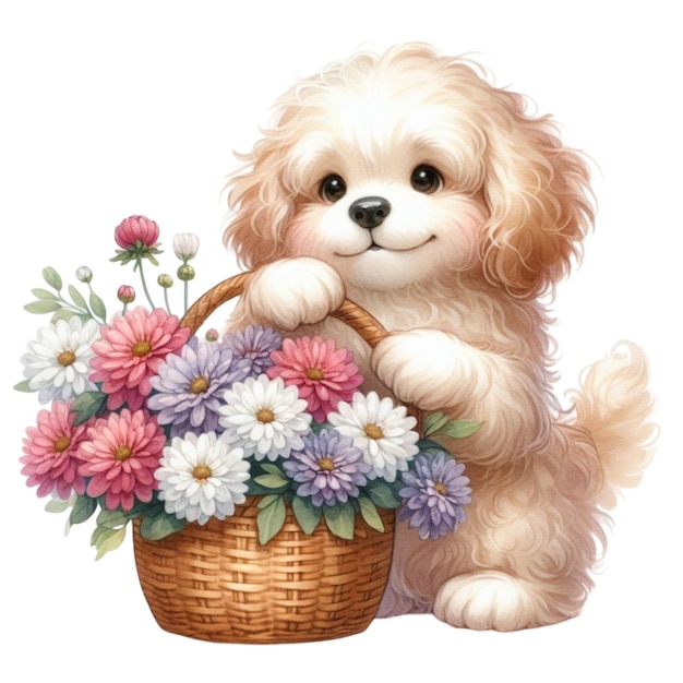 Leuke hond met maandelijkse bloemen clipart waterverf