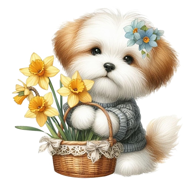 Leuke hond met maandelijkse bloemen clipart waterverf