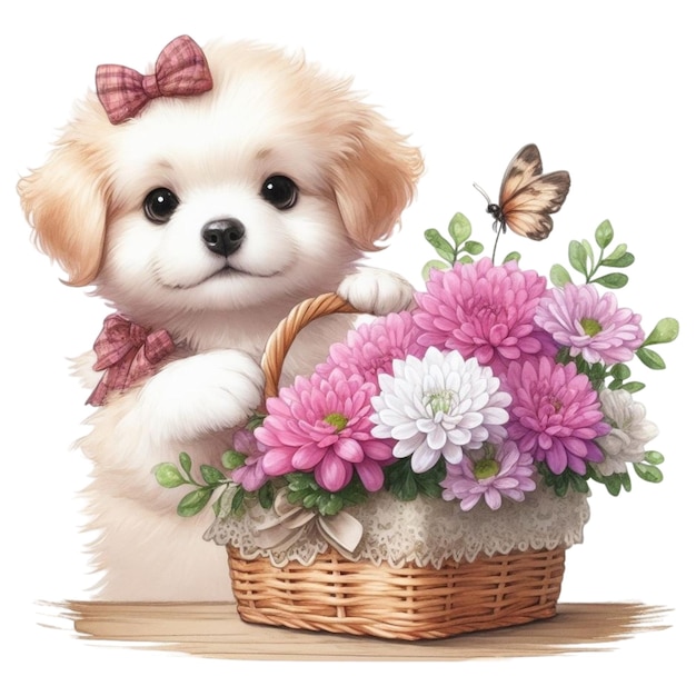 Leuke hond met maandelijkse bloemen clipart waterverf