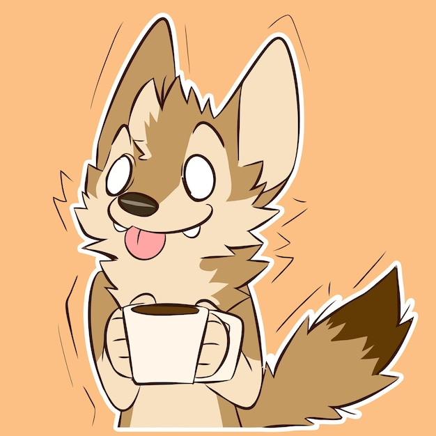 Vector leuke hond sticker die een gezicht geeft koffie drinken schattige hond cartoon vectorillustratie in trendy stijl