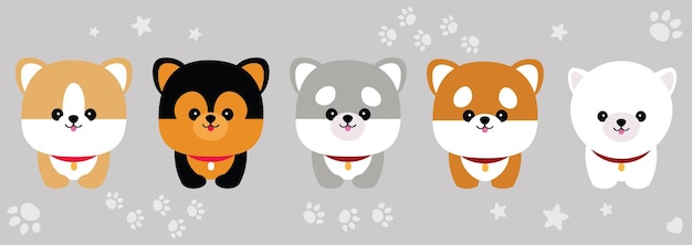 Leuke honden doodle vector set Cartoon leuke hond of puppy personages ontwerp collectie met vlakke kleur