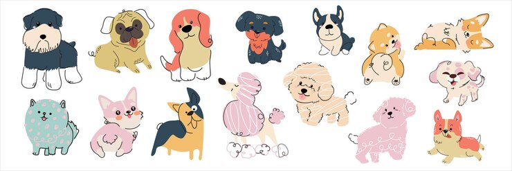 Leuke honden doodle vector set Verschillende huisdieren in verschillende poses Set van grappige gezelschapsdieren geïsoleerd op w