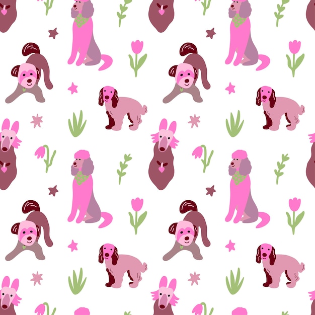 Leuke honden vector naadloos patroon cartoon honden met bloemen gras ster