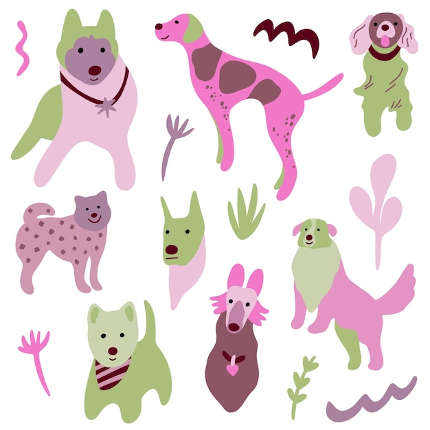 Leuke honden vector set Cartoon honden collectie met planten Set van grappige huisdieren