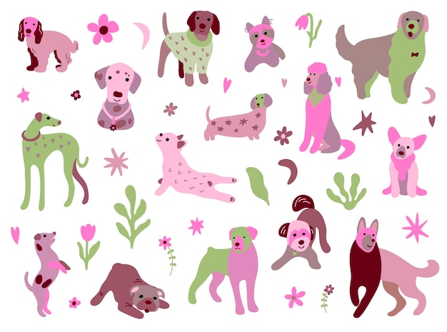 Leuke honden vector set Cartoon honden collectie met sterren manen bloemen harten bladeren Set van grappige huisdieren
