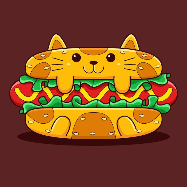 Leuke hotdog kat illustratie met platte cartoon stijl.