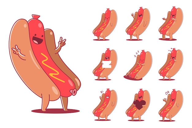 Leuke hotdog stripfiguren instellen geïsoleerd