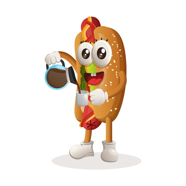 Leuke hotdogmascotte die koffie koffietijd drinkt