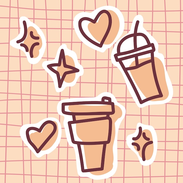 Leuke illustratie doodle hand getrokken koffiekopje en cocktail op de roze kleur op de perzik achtergrond voor web stickers kaart poster dekking en ontwerp
