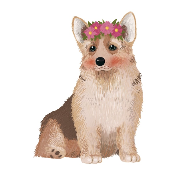 Leuke illustratie met een Welsh Corgi-hond met een krans van roze bloemen op zijn hoofd