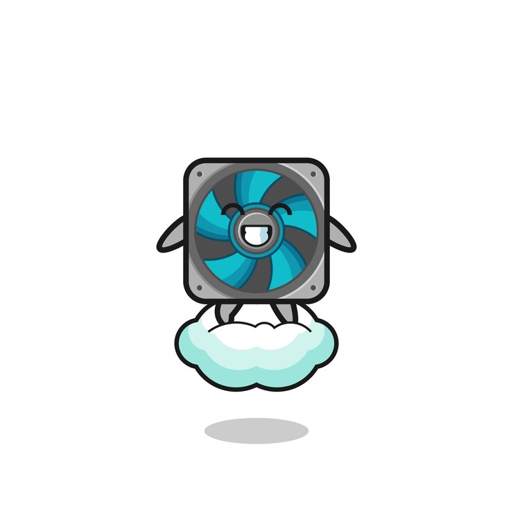 Vector leuke illustratie van een computerventilator die op een zwevende wolk rijdt