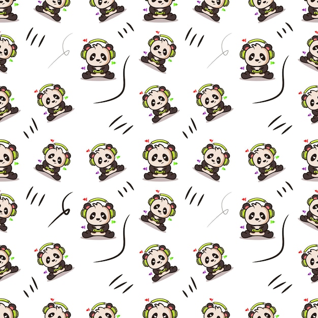 Leuke illustratie van een panda die een spel speelt met een naadloos patroon van een koptelefoon