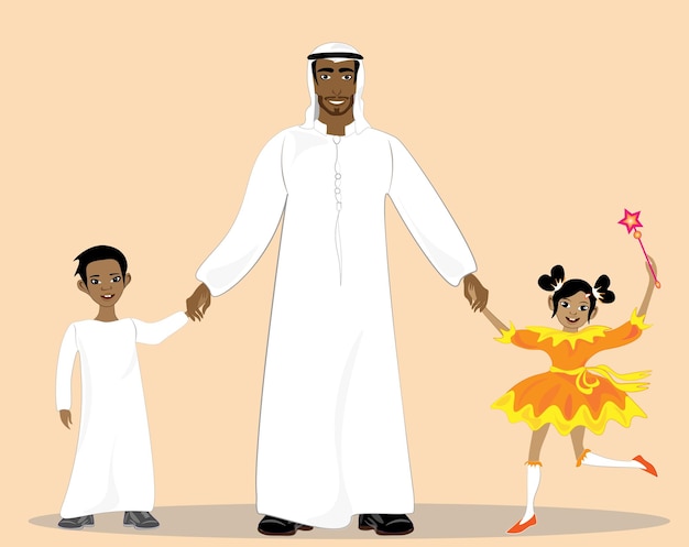Leuke illustratie van gelukkige Arabische vader met twee kinderen Gelukkige vader houdt de handen van zijn vrolijke kinderen vast, dochter en zoon Vader nam zijn kinderen mee naar een pretpark