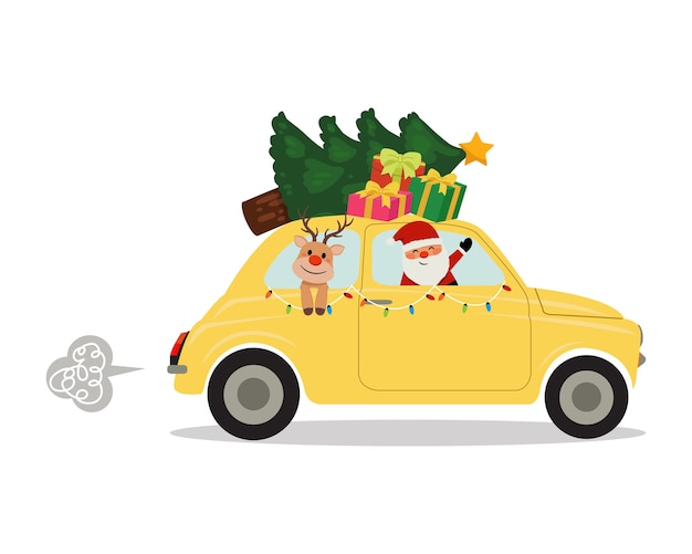 Leuke illustraties van de kerstman en het rendier die in een retro auto rijden met kerstboom en cadeautjes.