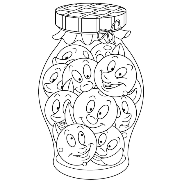 Leuke ingemaakte tomaten. Cartoon grappig voedsel emoji gezicht. Kinderen kleurplaat.