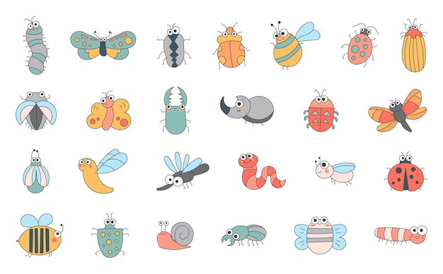 Leuke insecten cartoon personages Grappige kleine dieren Vector tekening Collectie van ontwerpelementen