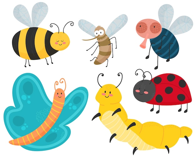 Vector leuke insecten stripfiguren gelukkig lachend rups bijenvlieg mug en vlinder lieveheersbeestje vector