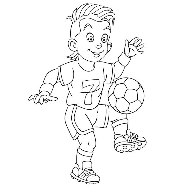 Leuke jonge voetballer. Cartoon kleurboek pagina voor kinderen.