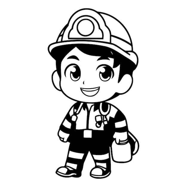 Leuke jongen brandweerman met helm en uniform Vector cartoon illustratie