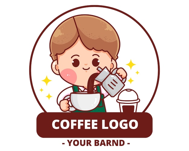 Leuke jongen coffeeshop logo handgetekende cartoon kunst illustratie