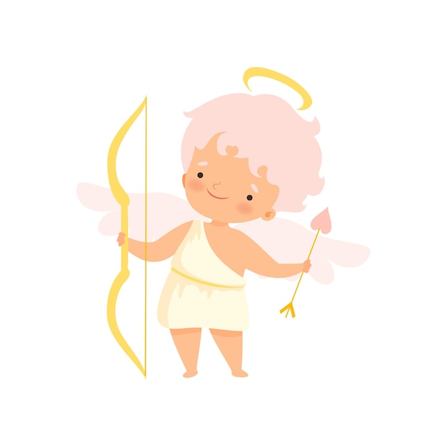 Leuke jongen Cupido met Nimbus en vleugels met boog en pijl Leuke baby cartoon personage in engel of cherub kostuum Vector illustratie op witte achtergrond