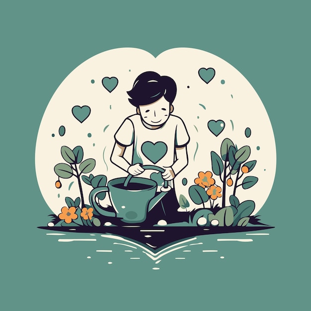 Leuke jongen die bloemen water geeft in de tuin Vector illustratie in platte stijl