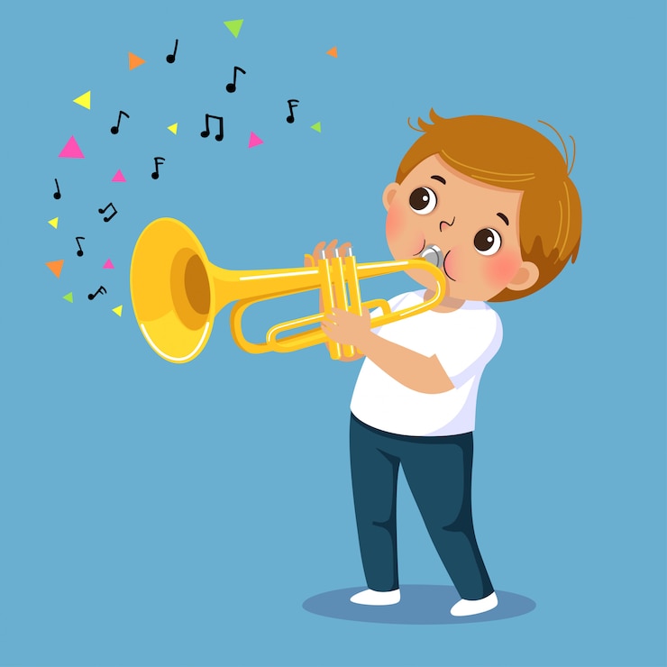 Vector leuke jongen die de trompet speelt